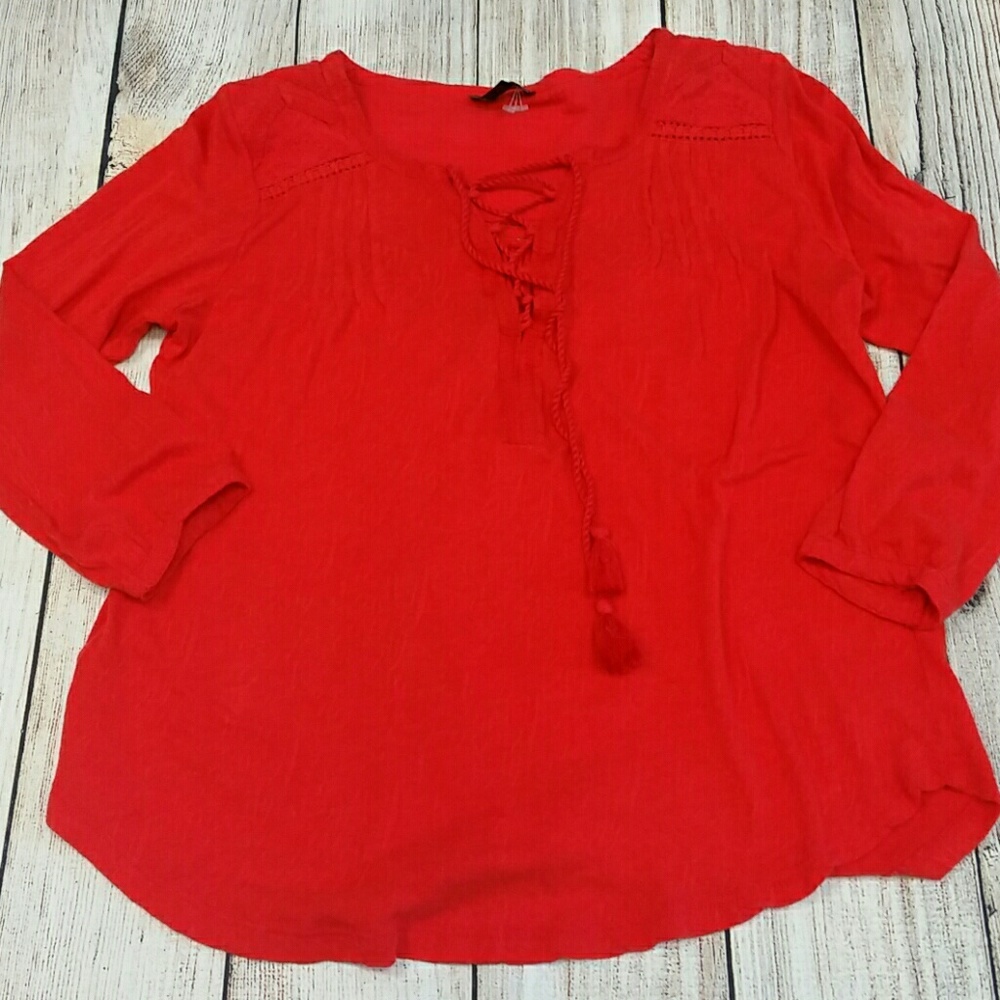 Lucky Brand burnt orange peasant boho top sz S tassel tie neckline deep V